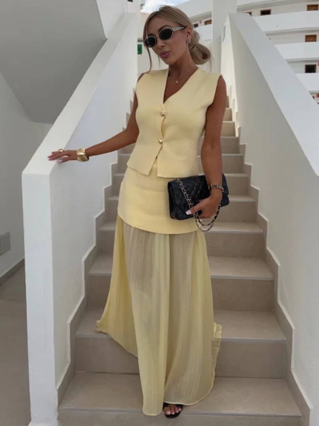 tenu ensembles tailleur v-cou sans manches gilet et jupe tulle fluide décontracté chic pour vacances deux pièces | KONF