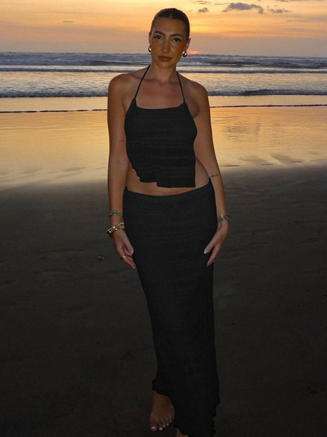 tenue ensemble avec longue jupe mousseline dos nu licou sans manches débardeur robe femme bohème décontracté deux pièces | KONF