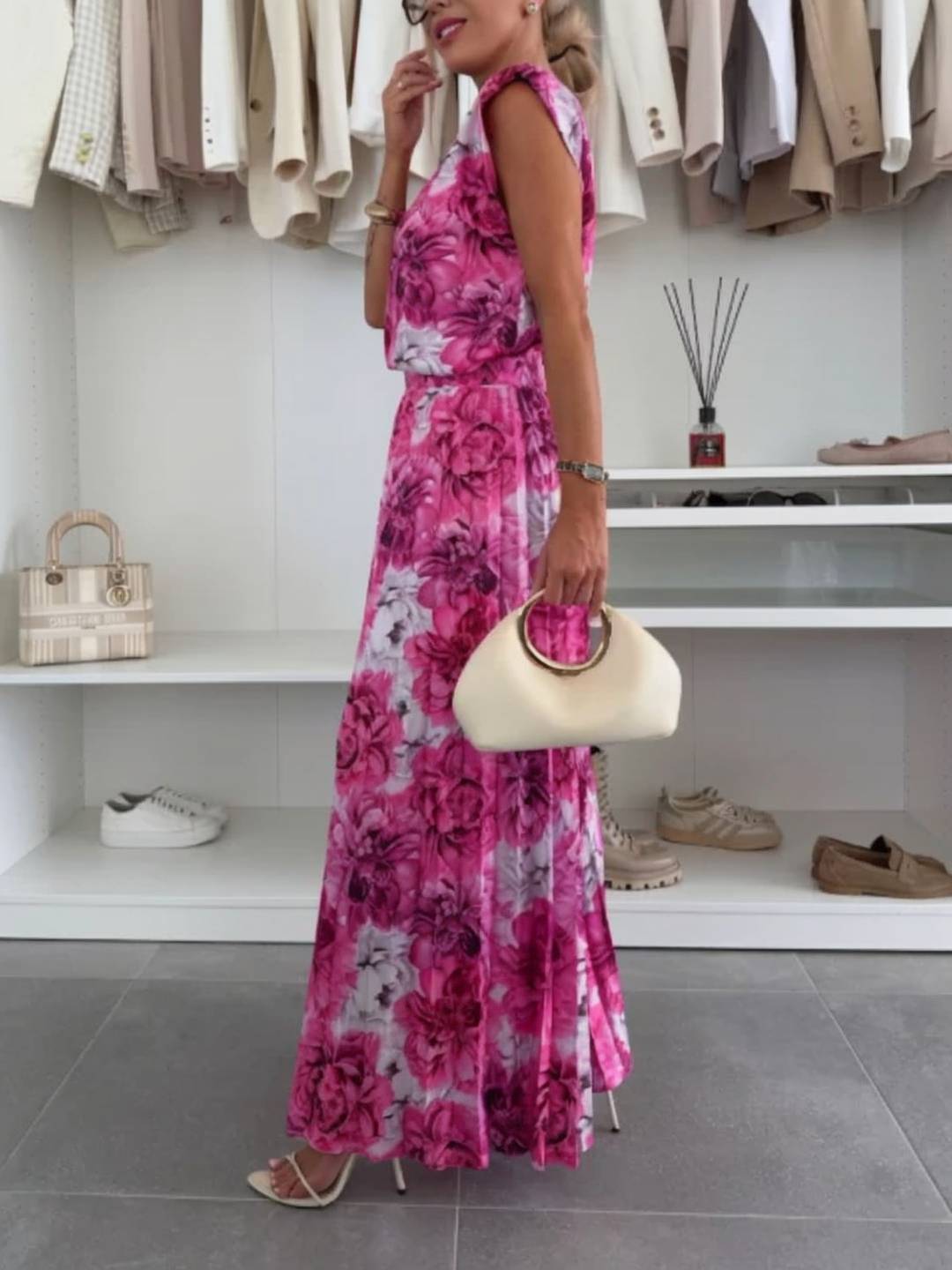 tenu imprimé à fleurie ensembles avec larges jambes évasé plissé pantalon col rond sans manches hauts femme décontracté | KONF