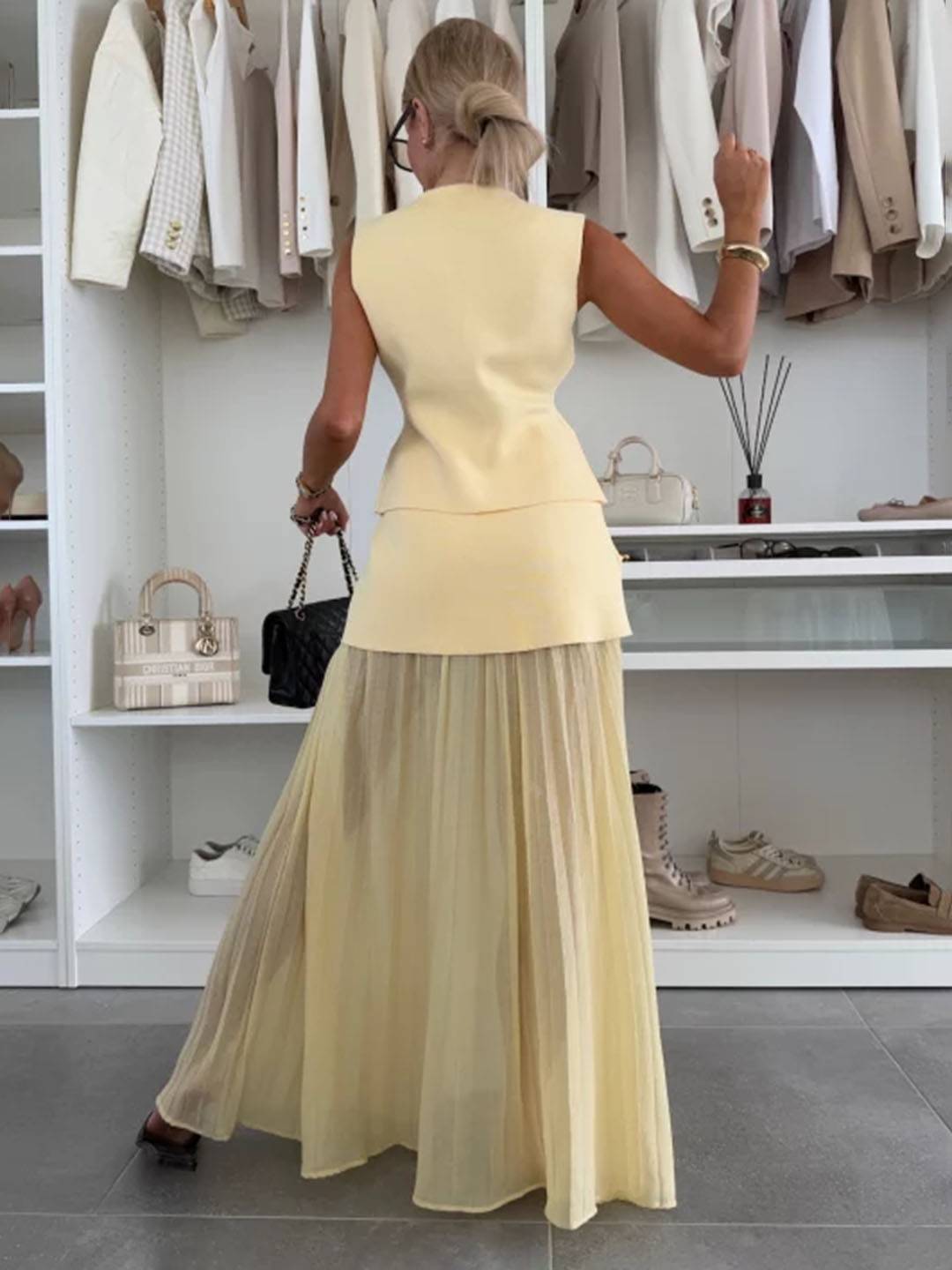 tenu ensembles tailleur v-cou sans manches gilet et jupe tulle fluide décontracté chic pour vacances deux pièces | KONF