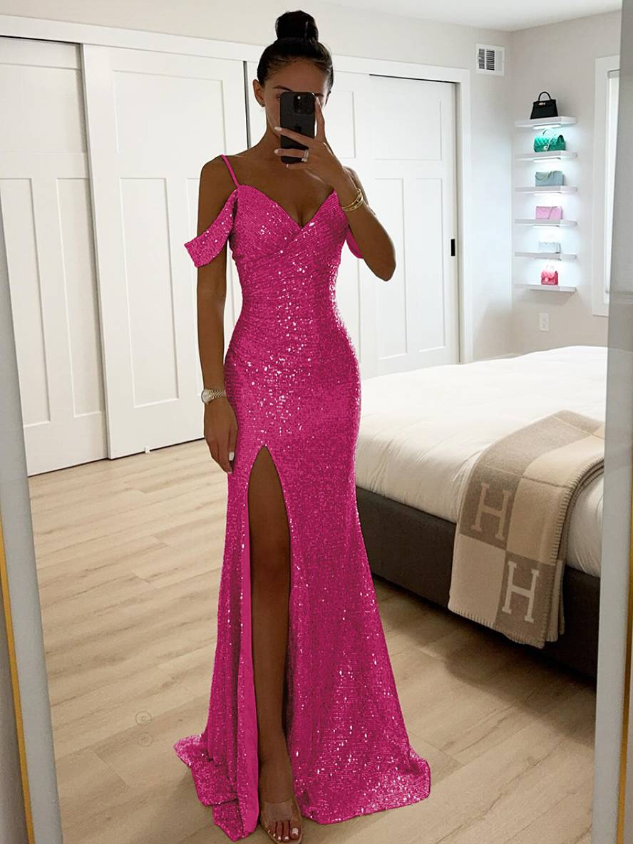 longue robe v-cou brillante paillette fendu le côté épaules fendues sans manches femme élégant de soirée cérémonie | KONF