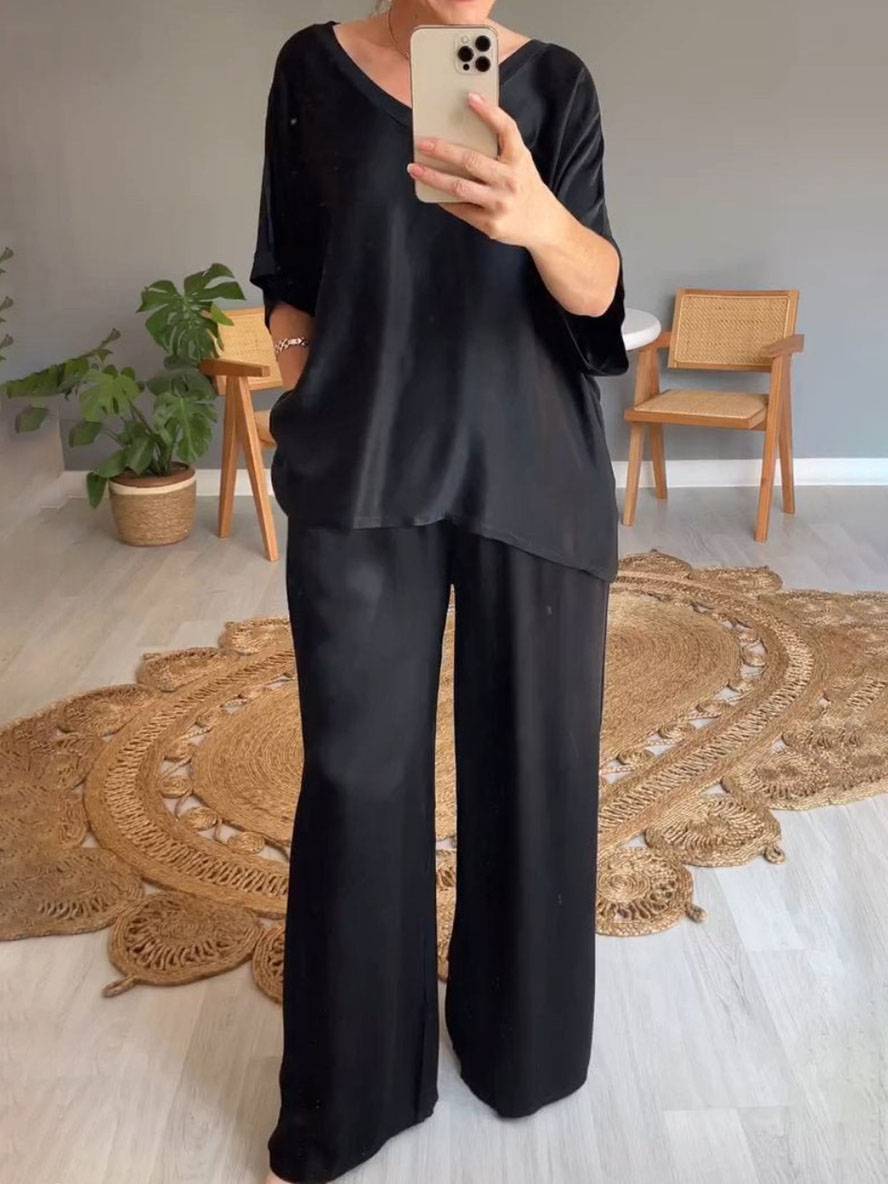 ensembles avec pantalon v-cou poches manches chauve souris manches courtes femme élégant décontracté ample deux pièces | KONF