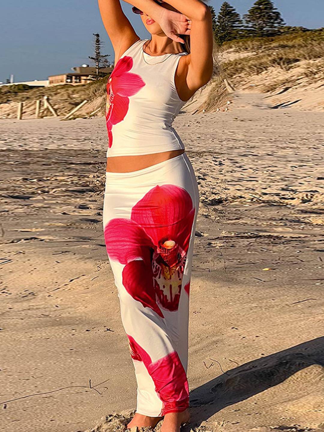 ensemble robe d'été fleurie cropped col rond sans manches top et longue jupe femme décontracté vintage de plage | KONF