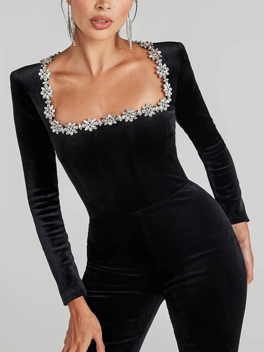 combinaisons flare évasé velours col carré manches longues slim fitness femme élégant décontracté casual cérémonie | KONF