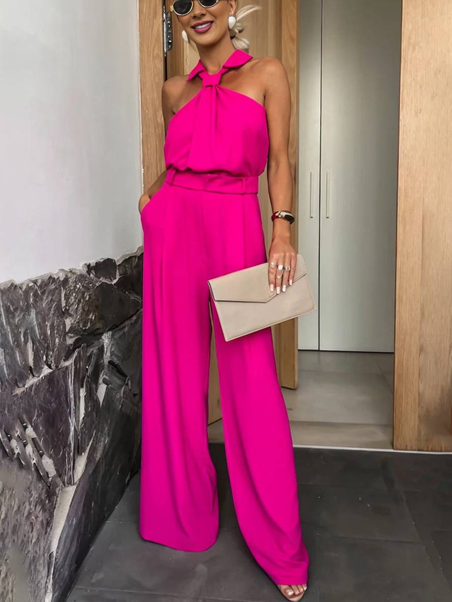 combinaisons larges jambes évasé col chemise découpes poches sans manches femme décontracté casual | KONF