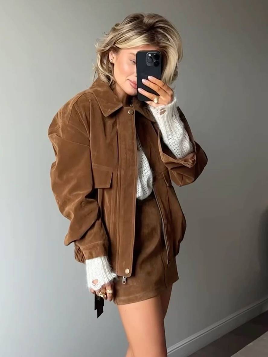 ensemble pour femme daim col revers poches veste courte jupe élégant décontracté deux pièces vêtements | KONF