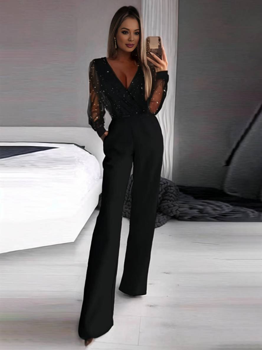 combinaisons flare évasé v-cou tulle manches longues poches femme casual décontracté une pièce | KONF