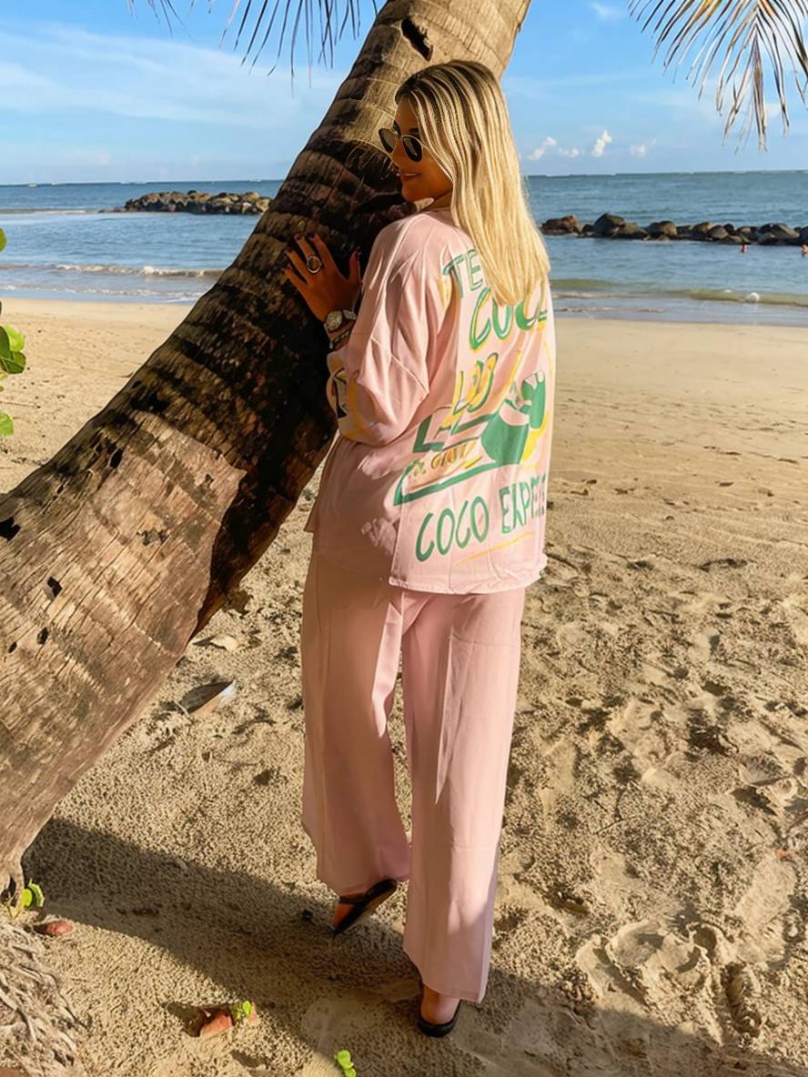 tenue ensembles avec pantalon lettres motif col chemise manches longues femme style boyfriend décontracté deux pièces | KONF