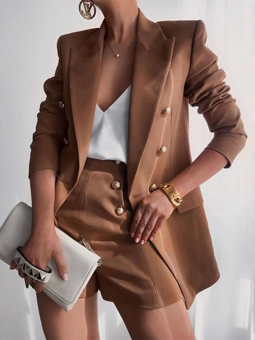 ensembles tailleur avec courte pantalon double boutonnage manches longues blazer femme décontracté deux pièces | KONF