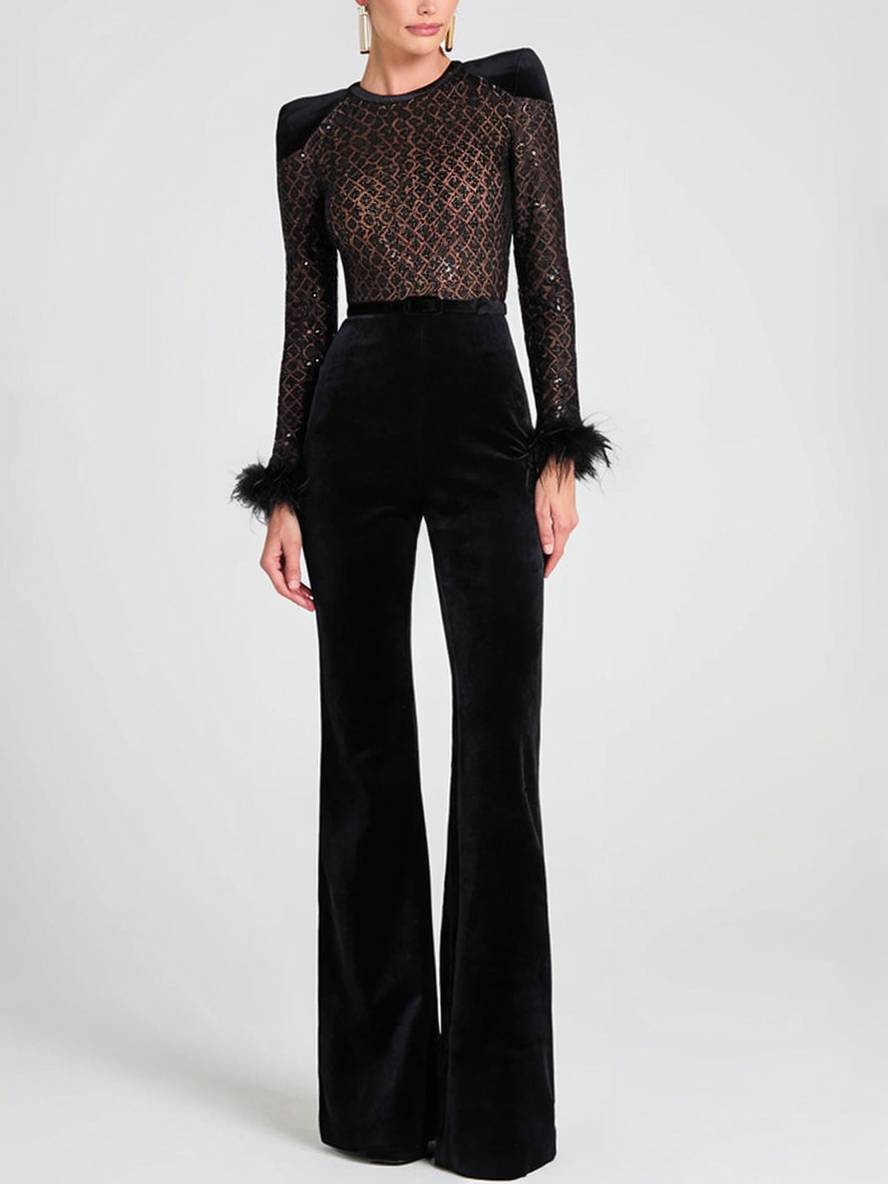 combinaisons flare évasé slim fitness col rond plume manches longues fermeture éclair femme casual élégant cérémonie | KONF