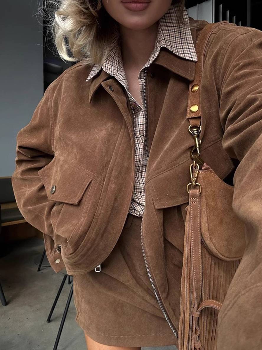 ensemble pour femme daim col revers poches veste courte jupe élégant décontracté deux pièces vêtements | KONF