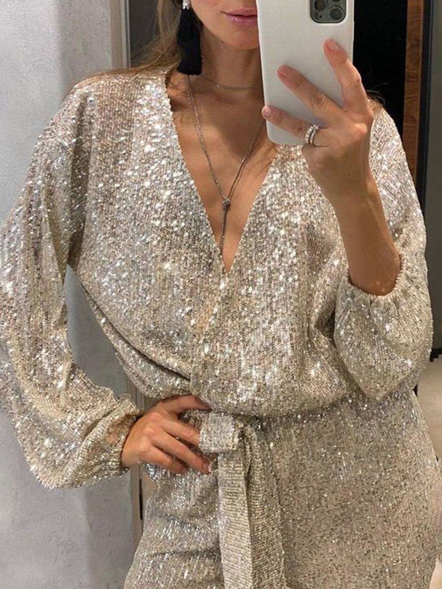 combinaisons v-cou brillante paillette ceinture décolleté plongeant manches longues femme élégant mode casual noël | KONF