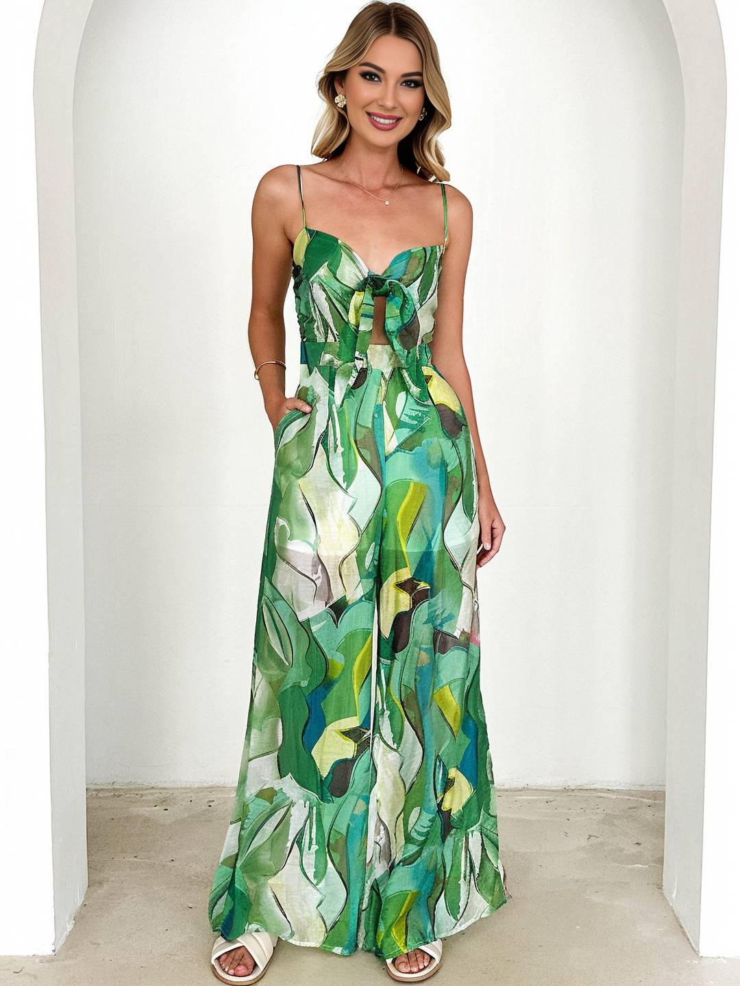 combinaisons larges jambes évasé imprimé à fleurie noeud papillon à fines brides sans manches femme casual décontracté | KONF