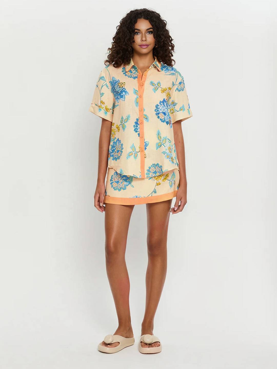 ensemble tenue avec jpue imprimé à fleurie boutonnage col chemise manches courtes chemise femme décontracté bleu jaune | KONF