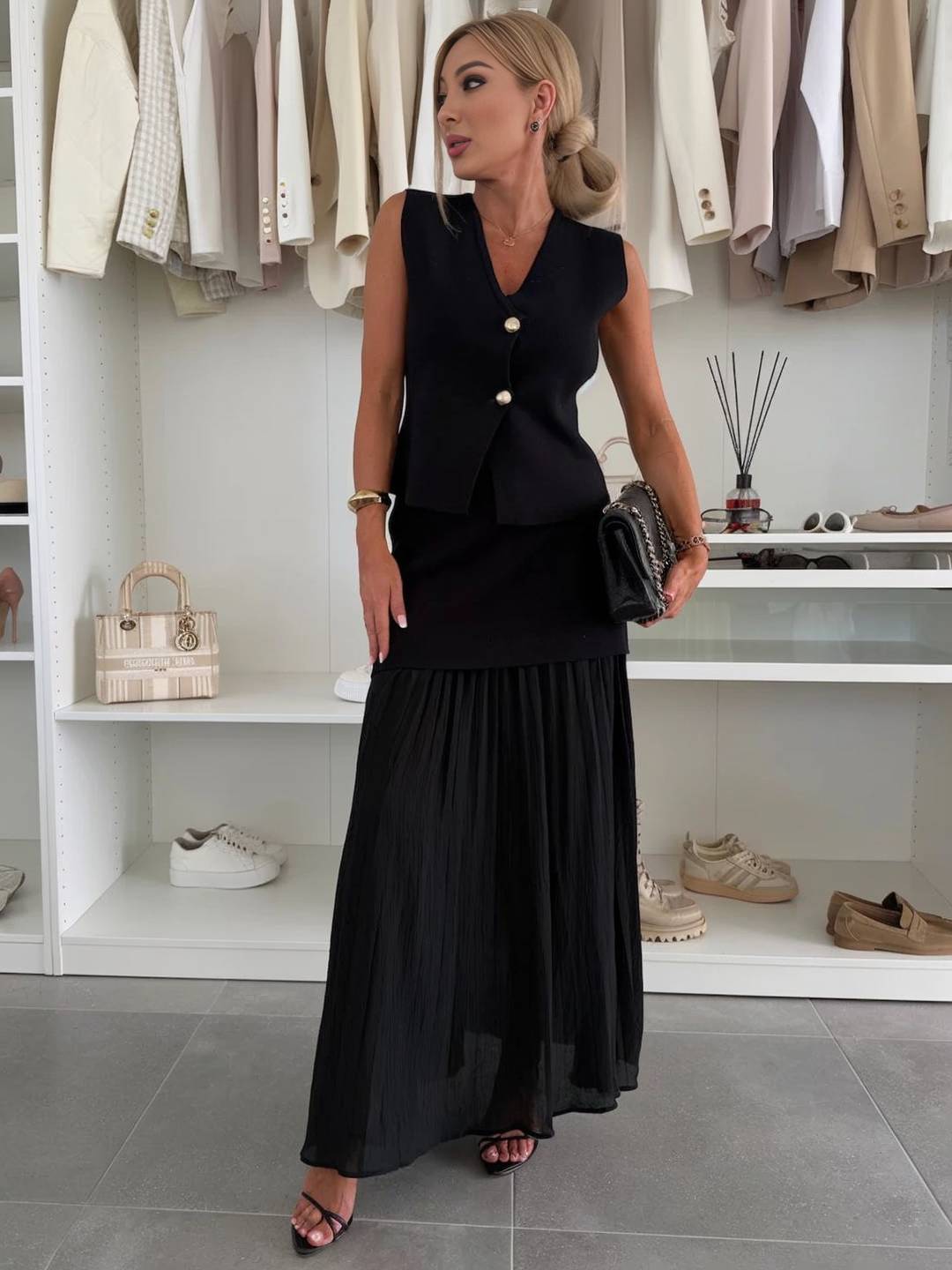 tenu ensembles tailleur v-cou sans manches gilet et jupe tulle fluide décontracté chic pour vacances deux pièces | KONF