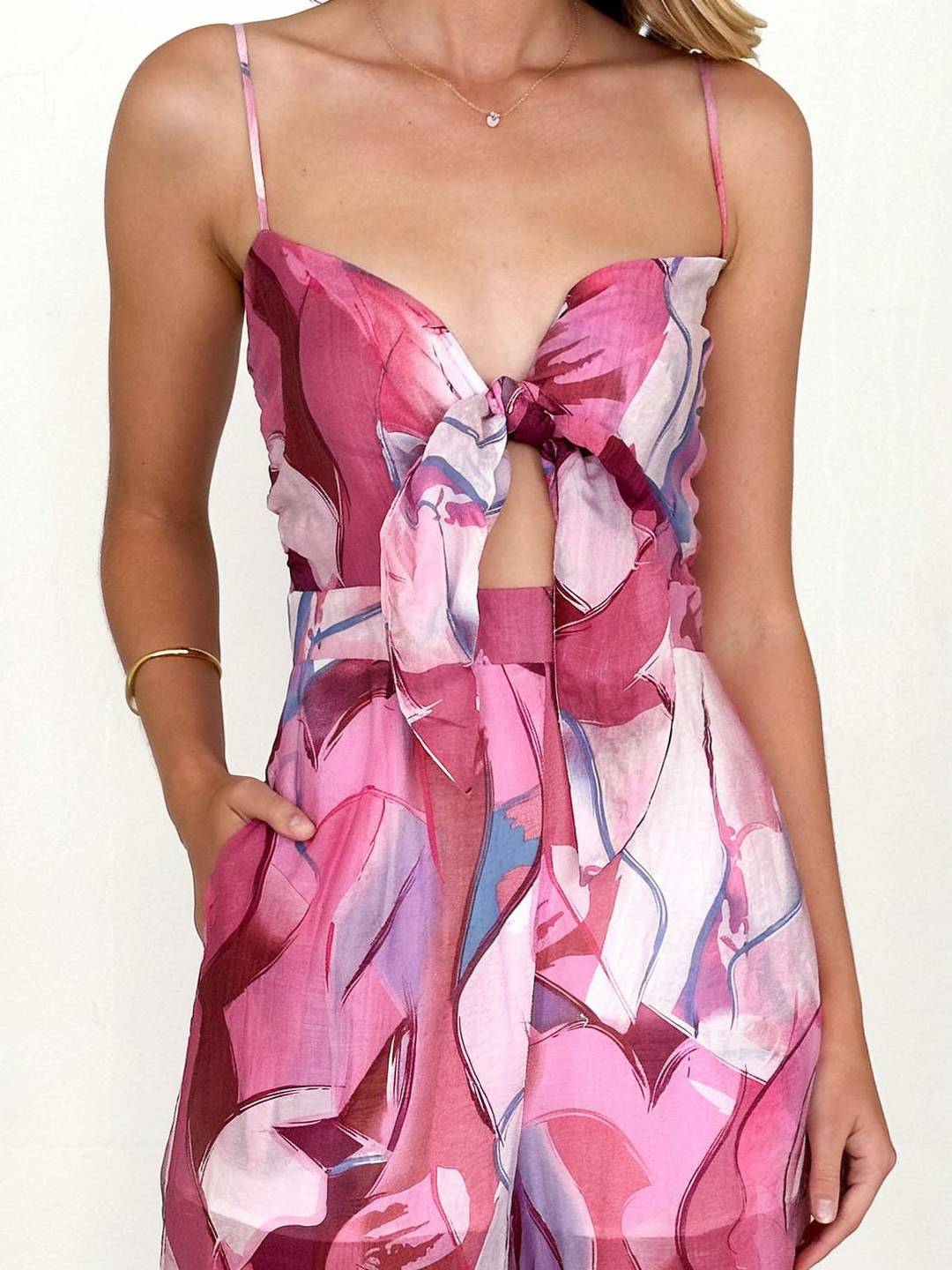 combinaisons larges jambes évasé imprimé à fleurie noeud papillon à fines brides sans manches femme casual décontracté | KONF