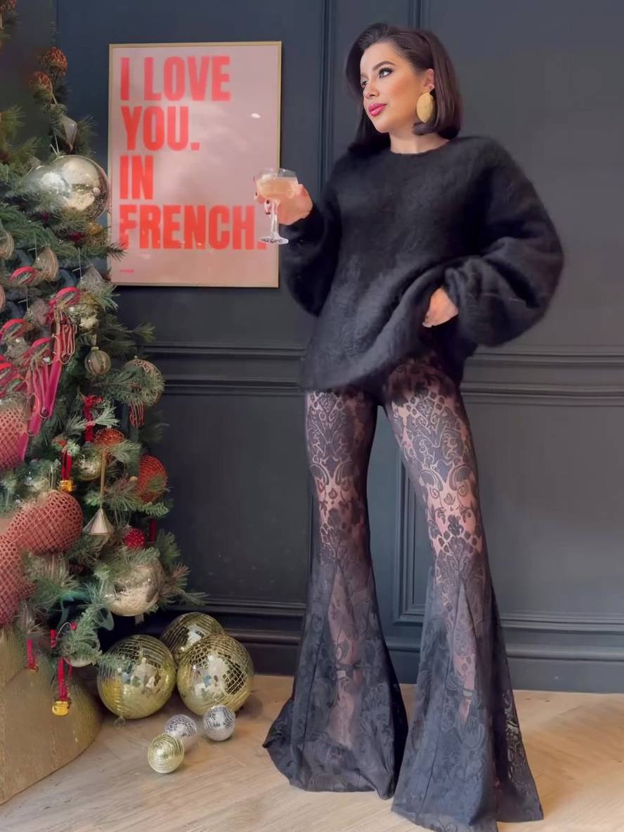 ensembles avec pantalon dentelle flare évasé v-cou boutonnage poches blazer femme élégant style tailleur | KONF