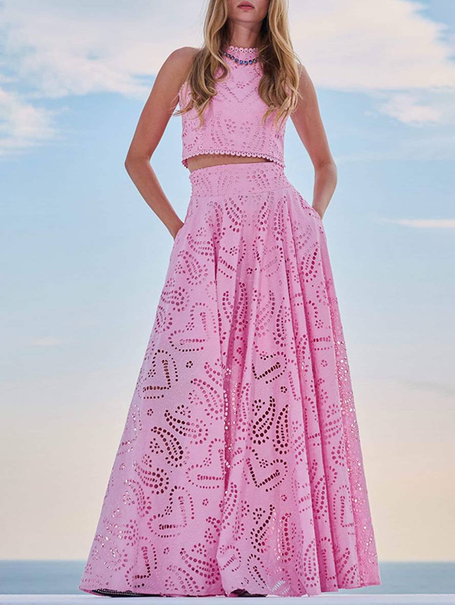 robe broderie anglaise poches sans manches hauts trapèze fluide jupe femme élégant décontracté ensemble | KONF