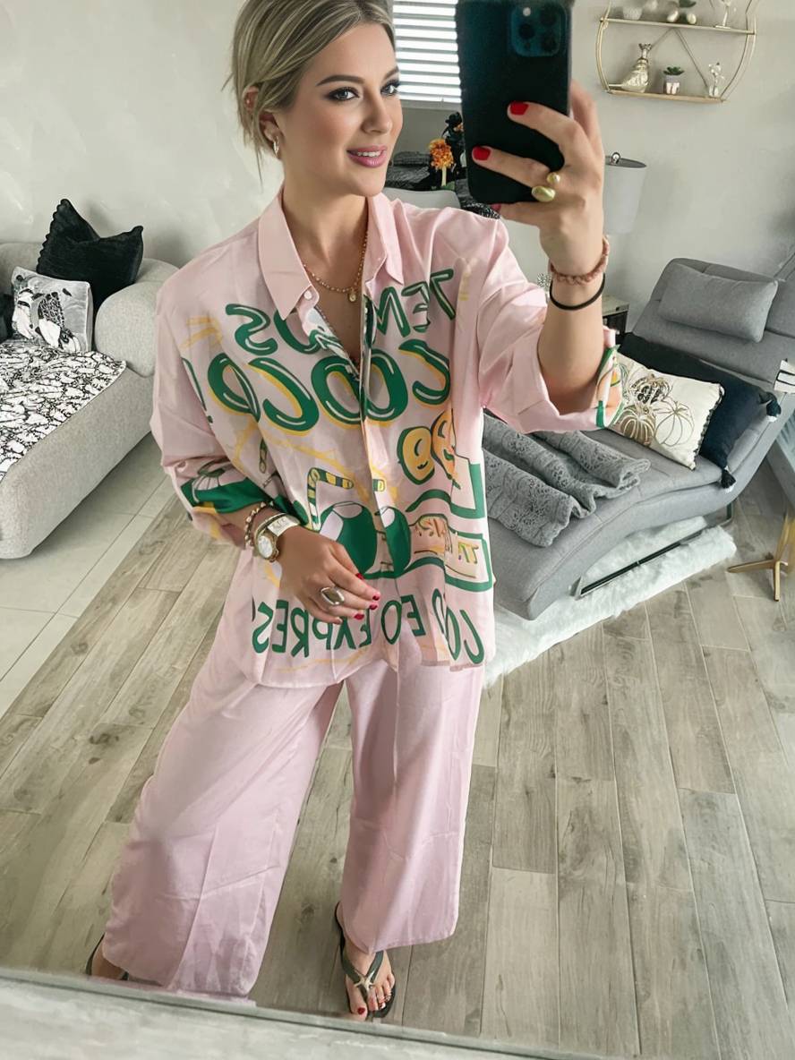 tenue ensembles avec pantalon lettres motif col chemise manches longues femme style boyfriend décontracté deux pièces | KONF