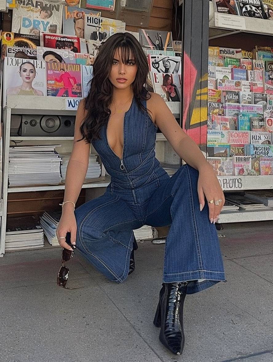 combinaisons en jean v-cou sans manches femme élégant vintage mode casual | KONF