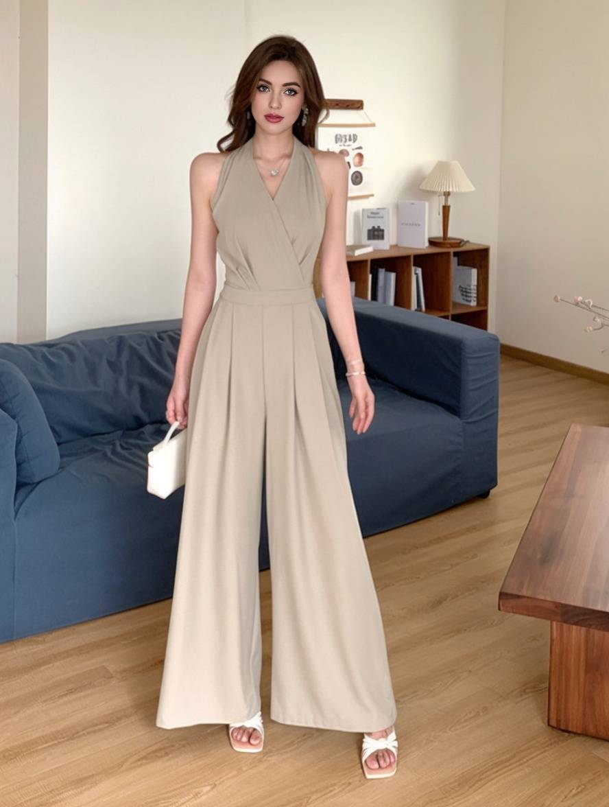 combinaisons larges jambes évasé unicolore dos nu v-cou sans manches femme casual élégant décontracté | KONF