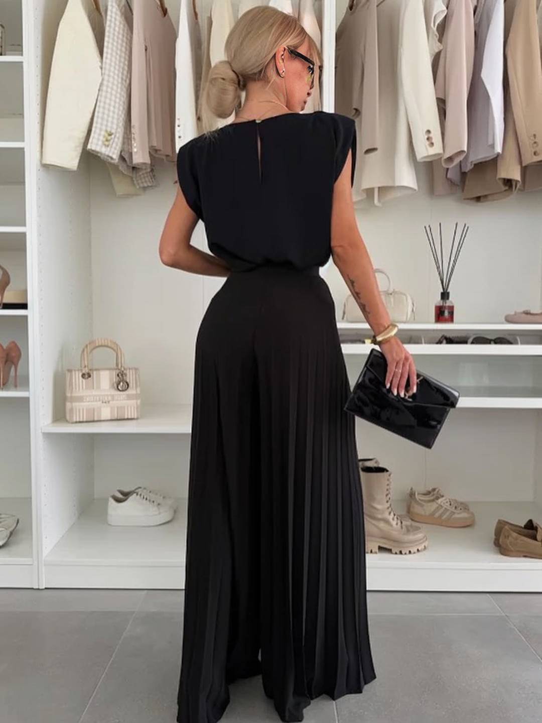 tenu ensembles avec larges jambes évasé plissé pantalon col rond sans manches hauts femme boho décontracté deux pièces | KONF