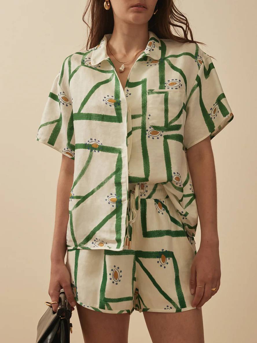 ensemble tenue imprimé à fleurie boutonnage col chemise manches courtes femme décontracté ample casual deux pièces | KONF