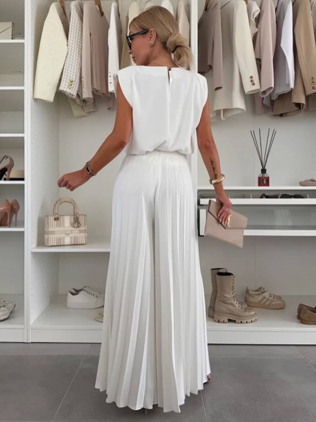 tenu ensembles avec larges jambes évasé plissé pantalon col rond sans manches hauts femme boho décontracté deux pièces | KONF