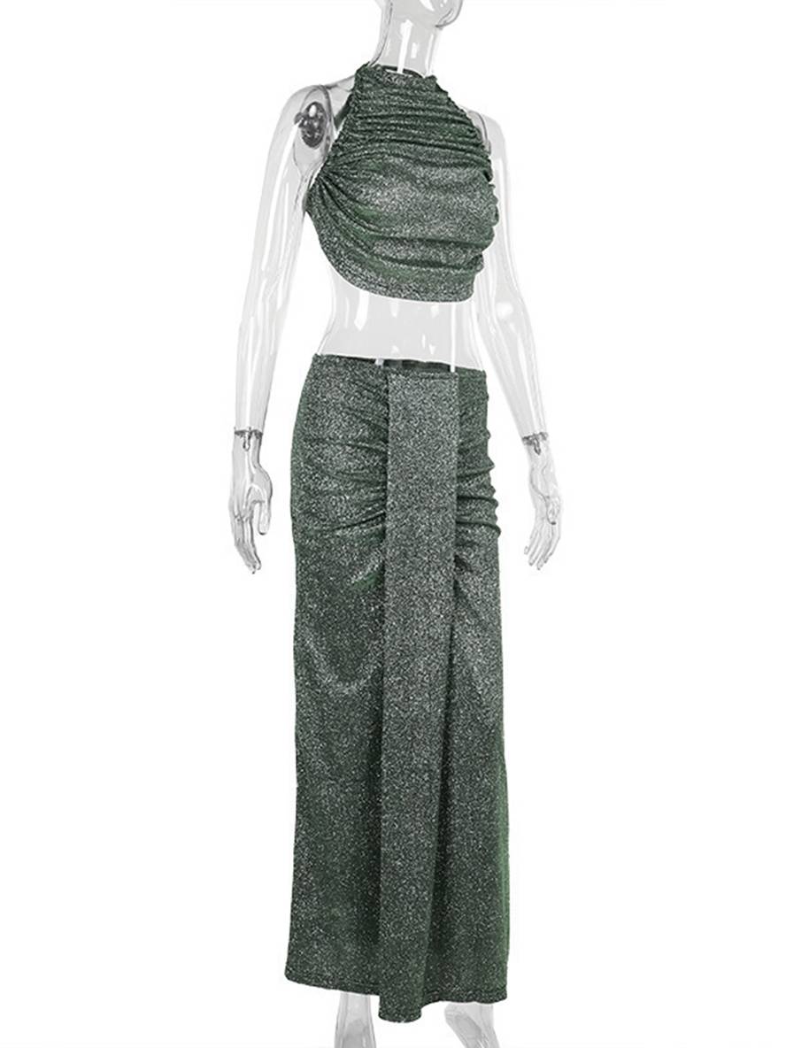 ensemble robe licou à fines brides dos nu sans manches hauts longue jupe femme décontracté deux pièces | KONF