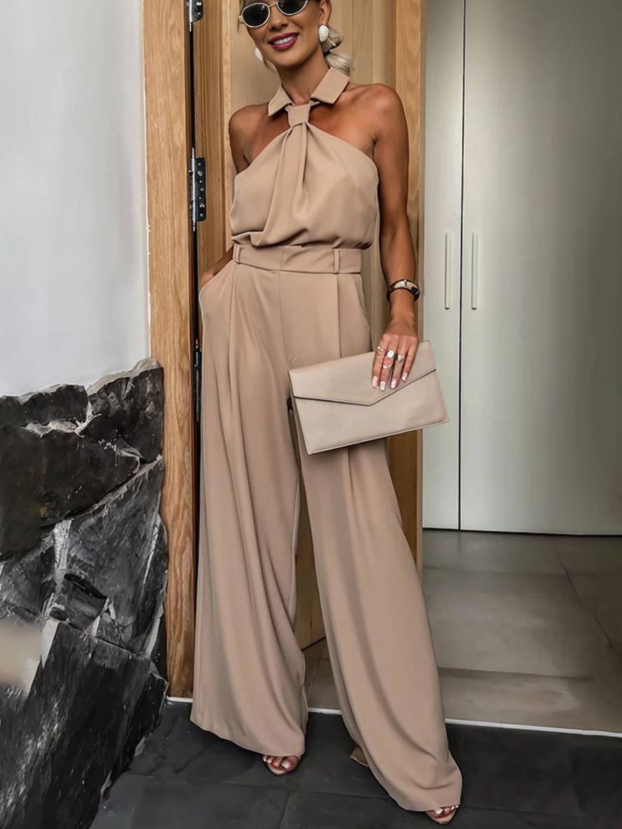 combinaisons larges jambes évasé col chemise découpes poches sans manches femme décontracté casual | KONF