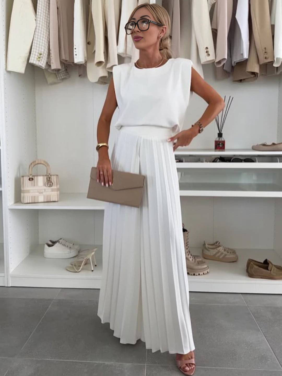 tenu ensembles avec larges jambes évasé plissé pantalon col rond sans manches hauts femme boho décontracté deux pièces | KONF