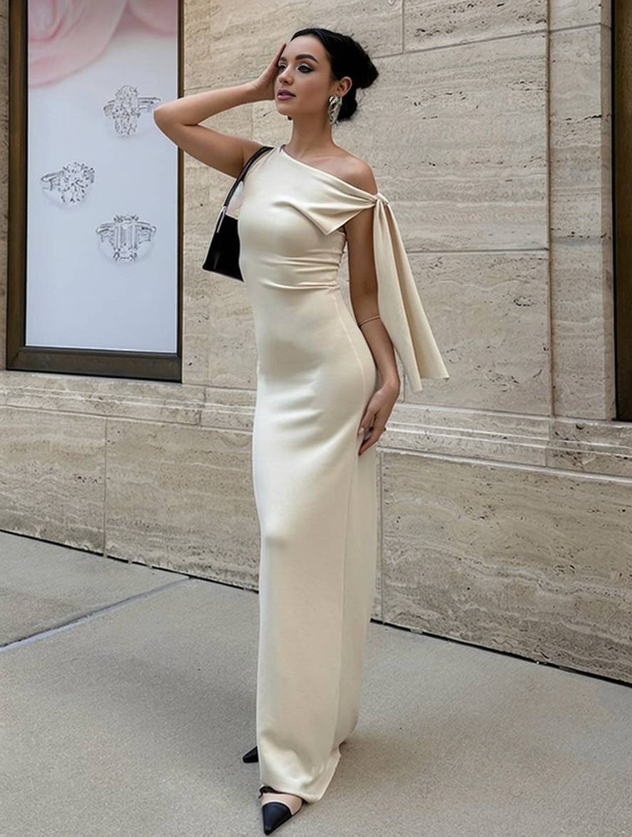 robe longue moulante unicolore une épaule sans manches femme élégant de soirée | KONF