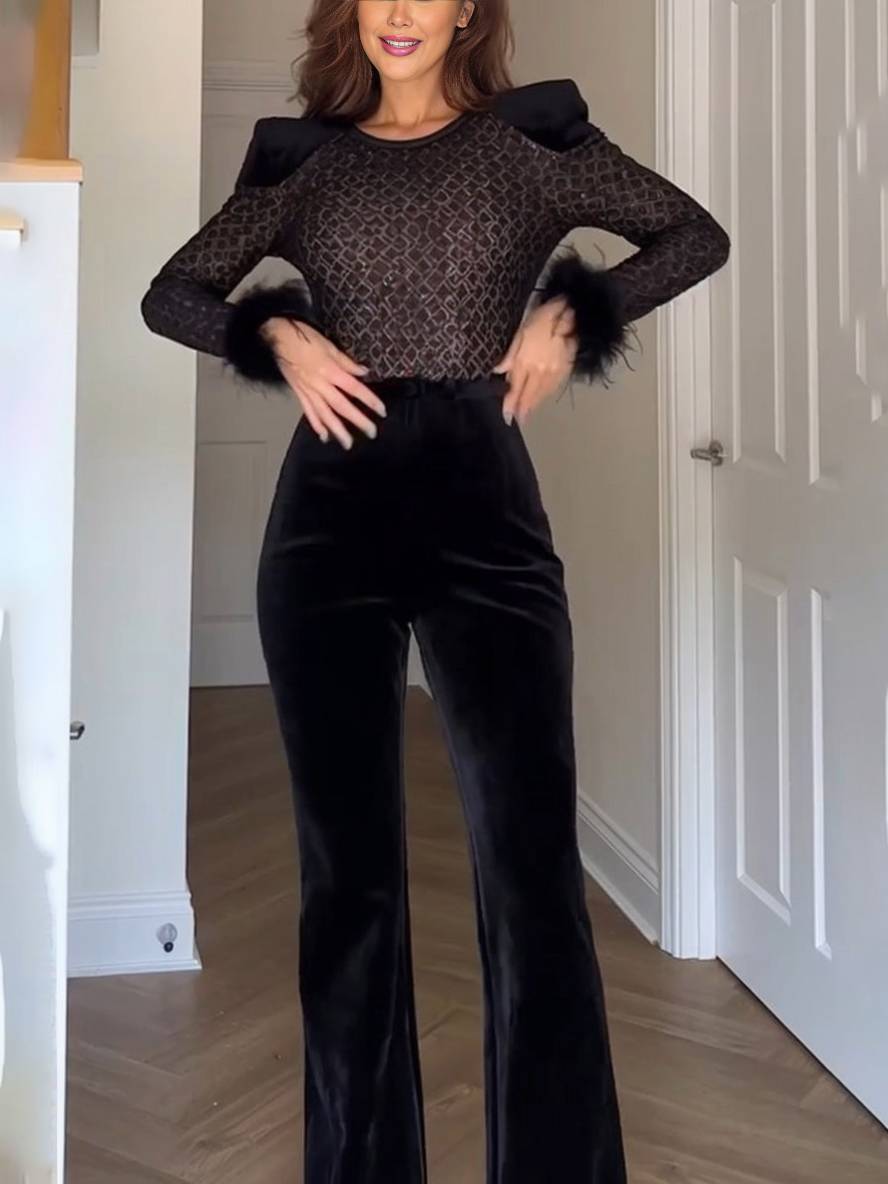 combinaisons flare évasé slim fitness col rond plume manches longues fermeture éclair femme casual élégant cérémonie | KONF