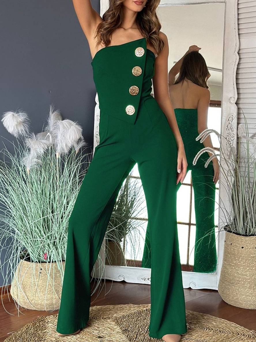 combinaisons flare évasé unicolore bustier boutonnage sans manches femme élégant décontracté | KONF