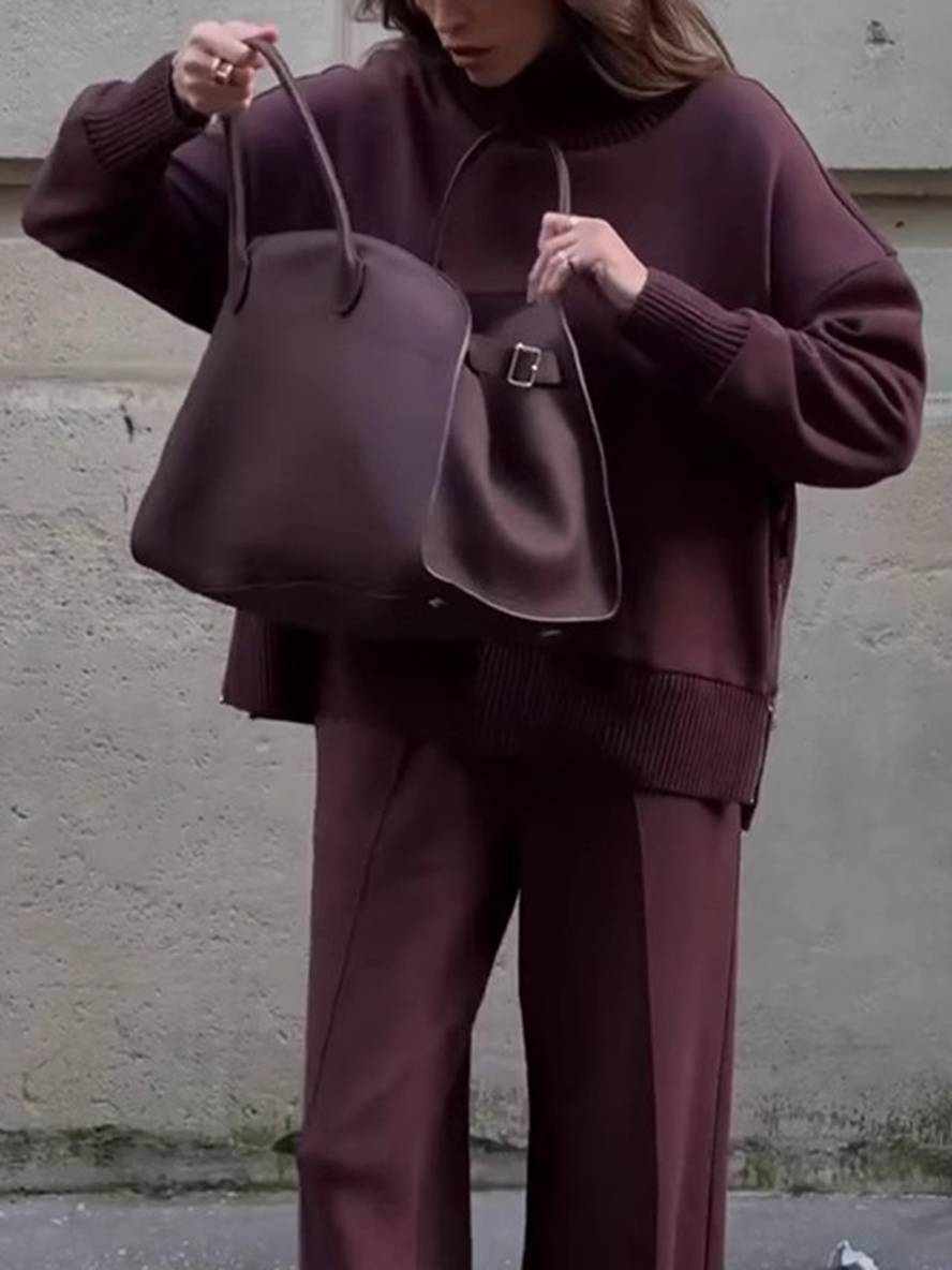 ensembles avec pantalon unicolore col roulé col montant manches longue femme élégant sport décontracté ample | KONF