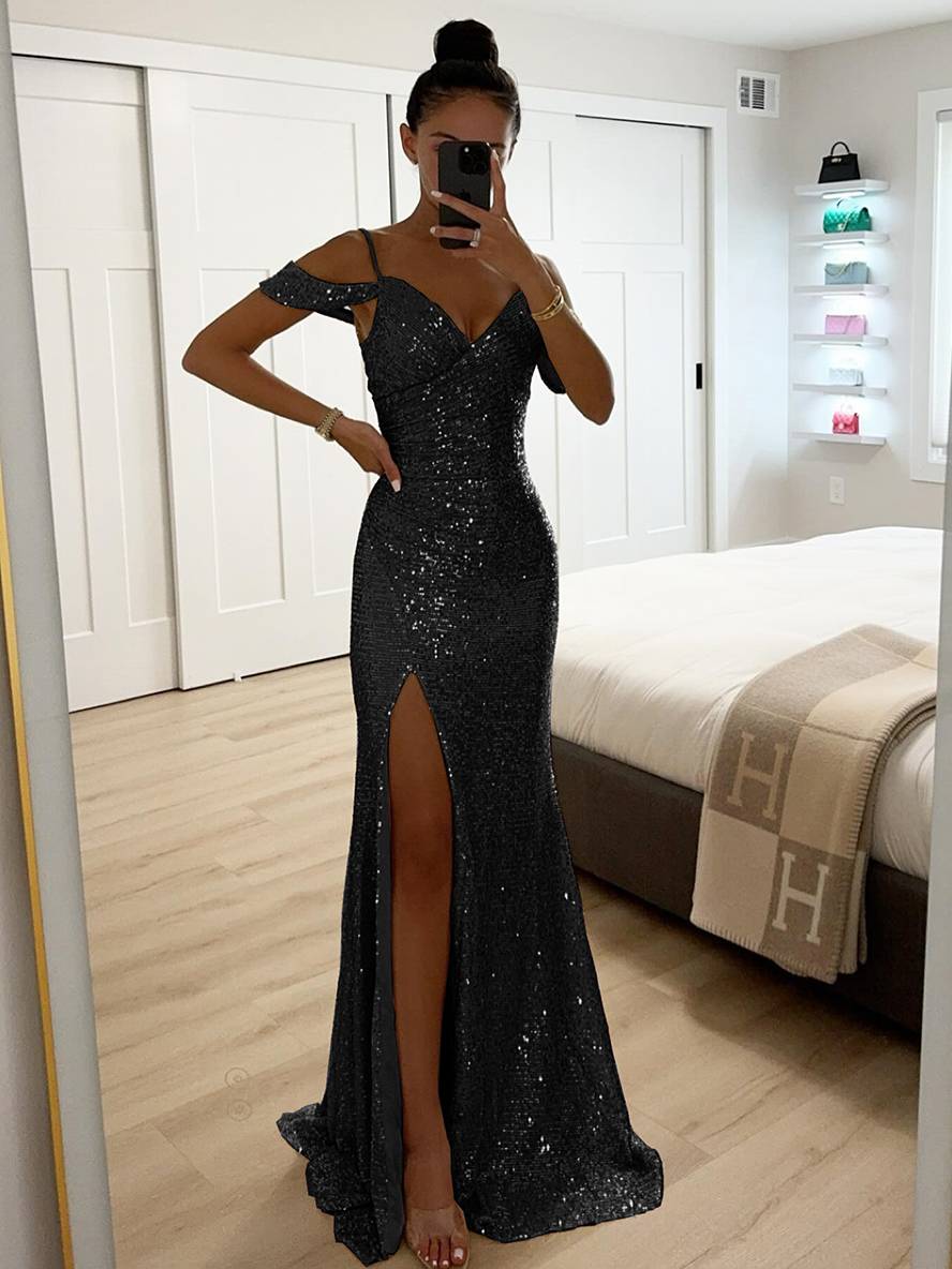 longue robe v-cou brillante paillette fendu le côté épaules fendues sans manches femme élégant de soirée cérémonie | KONF