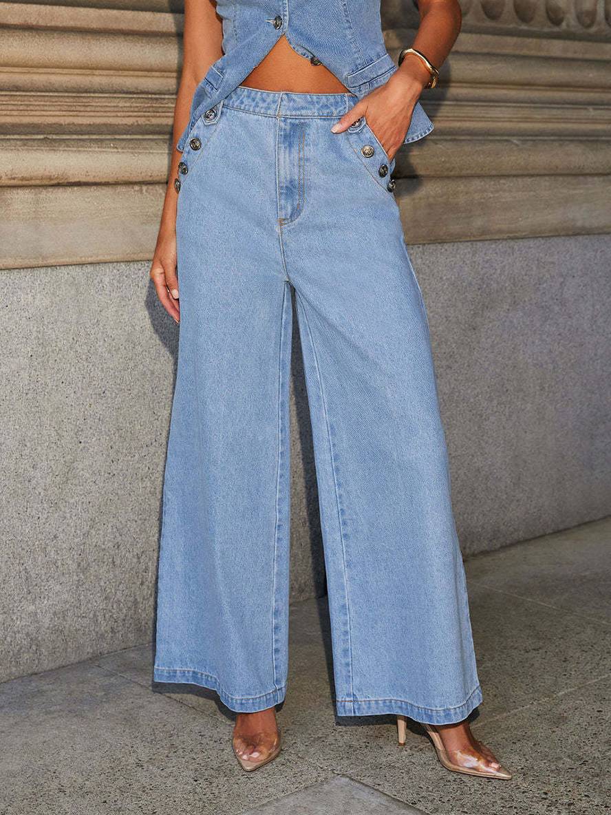 ensembles avec jean pantalon larges jambes évasé gilet col rond sans manches femme vintage décontracté casual deux pièces | KONF