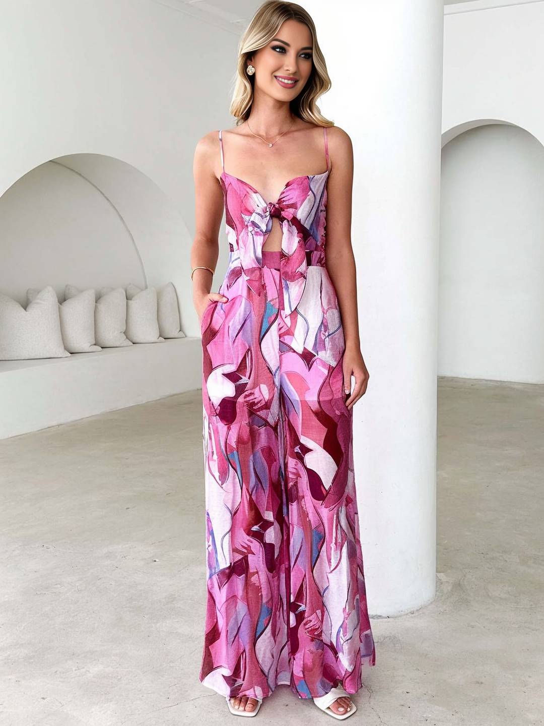 combinaisons larges jambes évasé imprimé à fleurie noeud papillon à fines brides sans manches femme casual décontracté | KONF