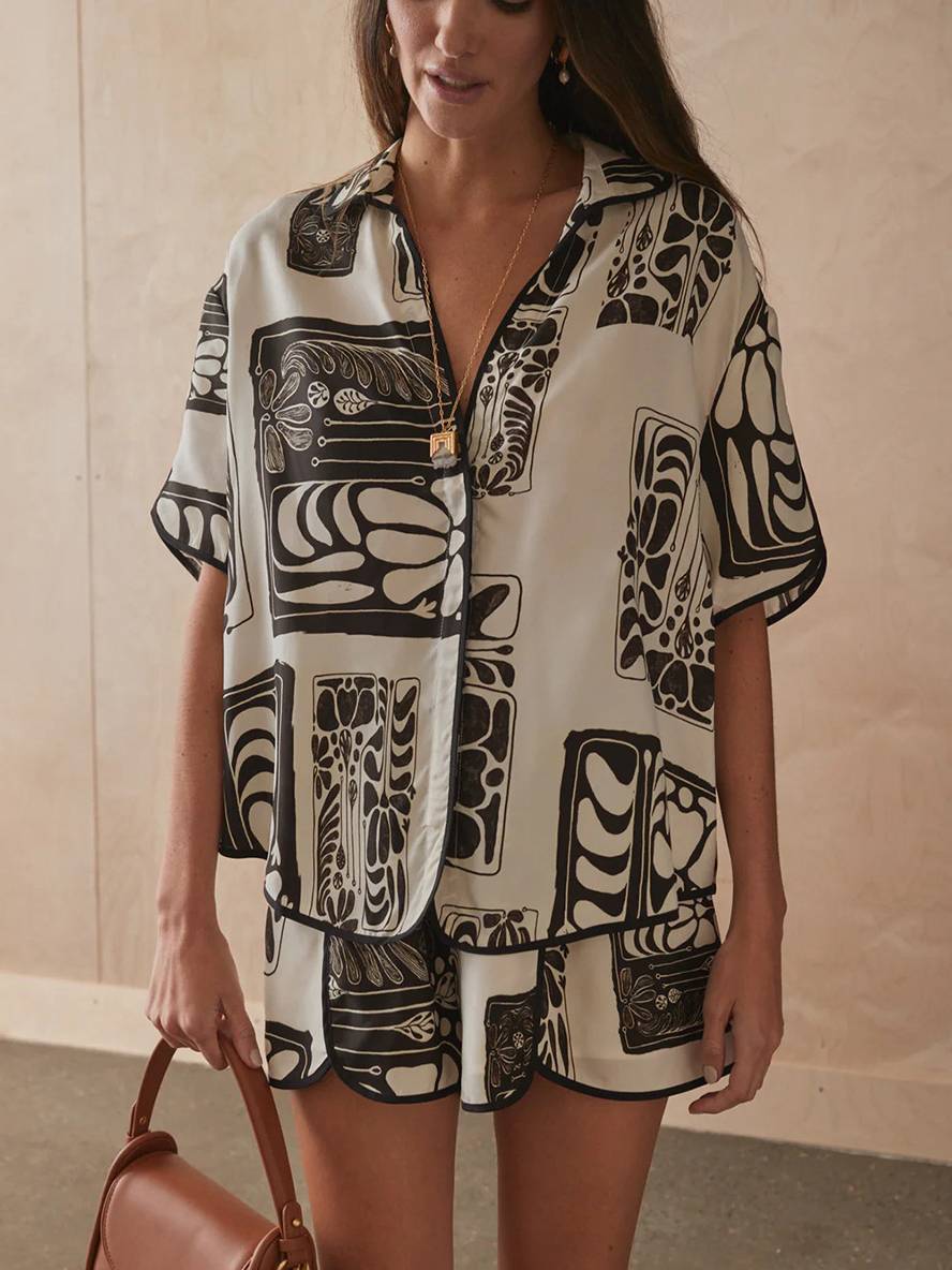 ensemble tenue imprimé à fleurie boutonnage col chemise manches courtes femme décontracté ample casual deux pièces | KONF