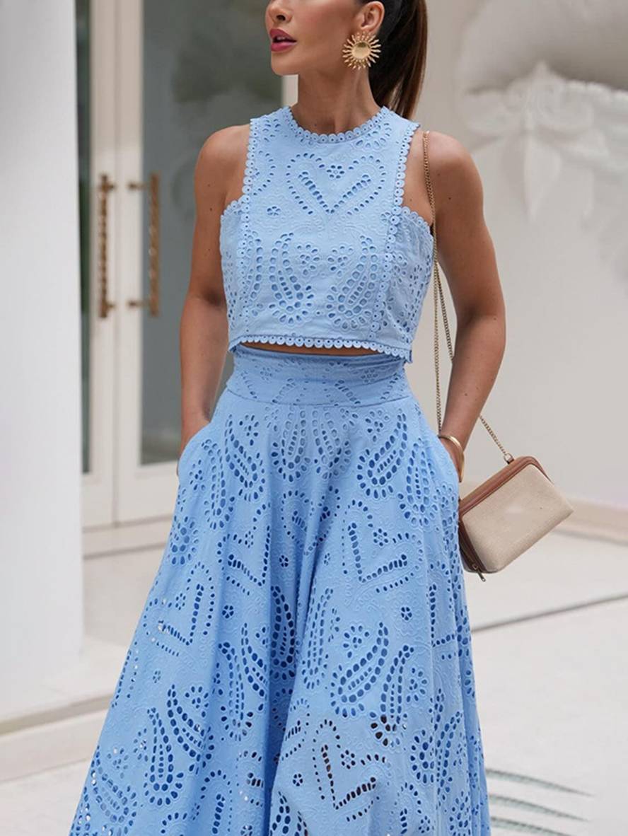 robe broderie anglaise poches sans manches hauts trapèze fluide jupe femme élégant décontracté ensemble | KONF