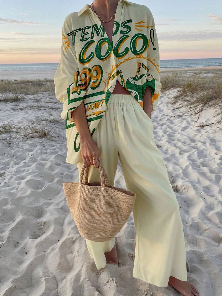 tenue ensembles avec pantalon lettres motif col chemise manches longues femme style boyfriend décontracté deux pièces | KONF