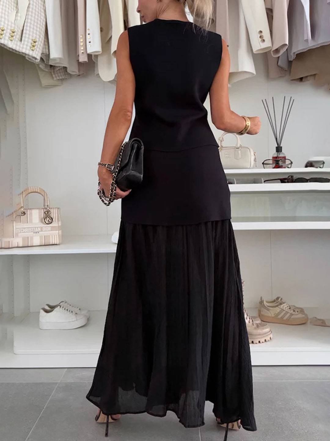 tenu ensembles tailleur v-cou sans manches gilet et jupe tulle fluide décontracté chic pour vacances deux pièces | KONF