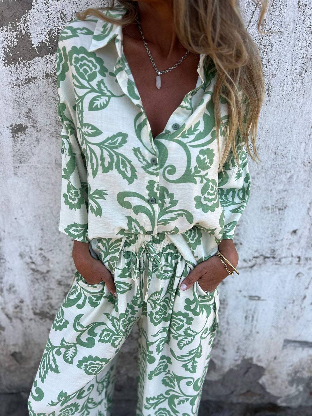 ensembles imprimé à fleurie poches col chemise manches longues chemise et pantalon femme casual décontracté deux pièces | KONF