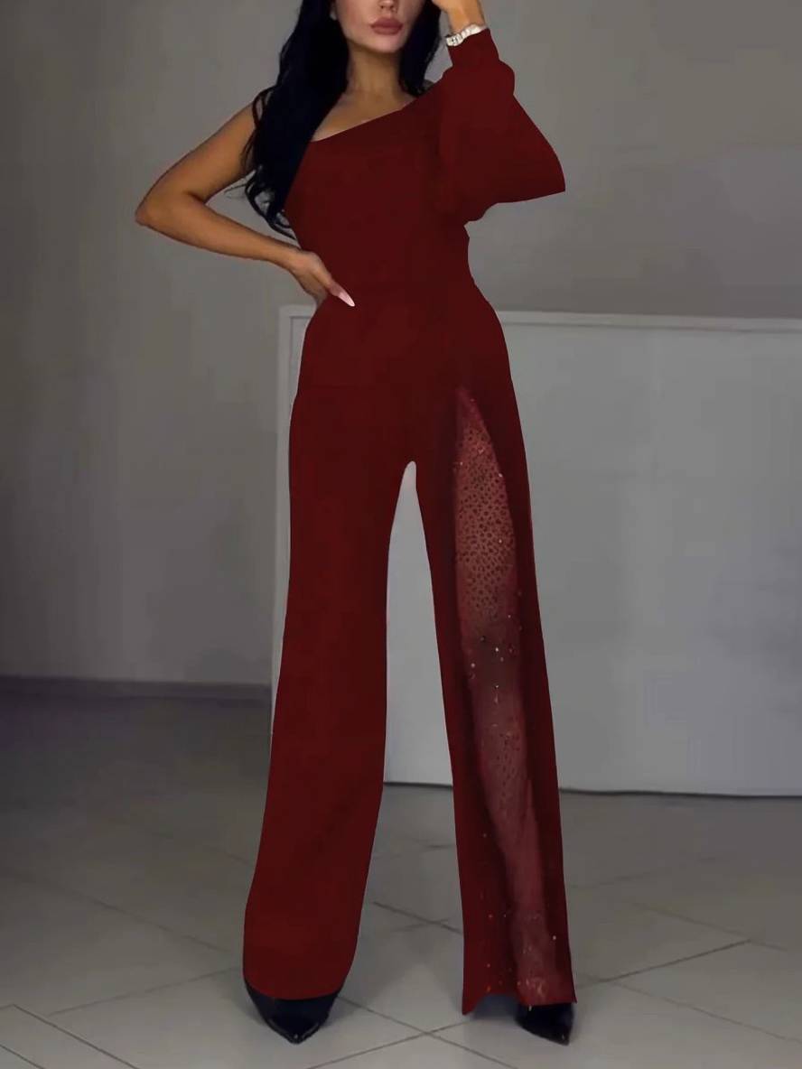 combinaisons flare évasé une épaule fendu le côté manches longues femme casual élégant décontracté cérémonie | KONF