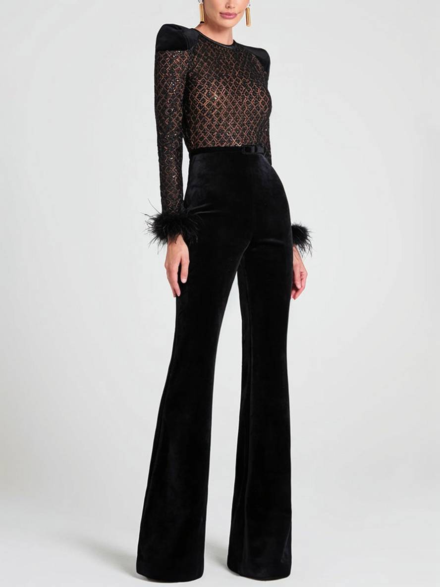 combinaisons flare évasé slim fitness col rond plume manches longues fermeture éclair femme casual élégant cérémonie | KONF