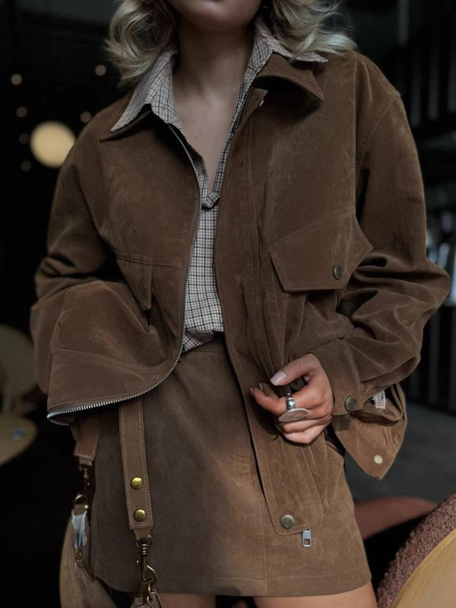 ensemble pour femme daim col revers poches veste courte jupe élégant décontracté deux pièces vêtements | KONF