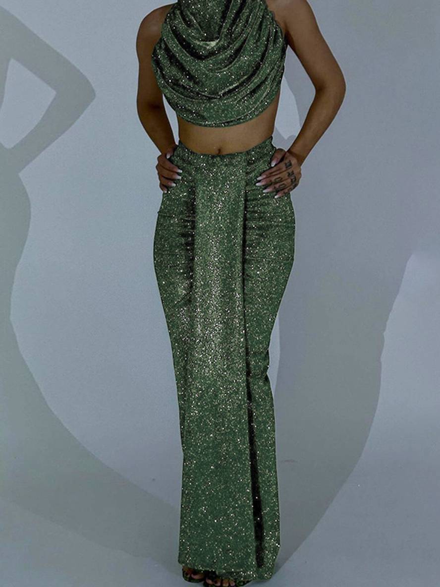 ensemble robe licou à fines brides dos nu sans manches hauts longue jupe femme décontracté deux pièces | KONF