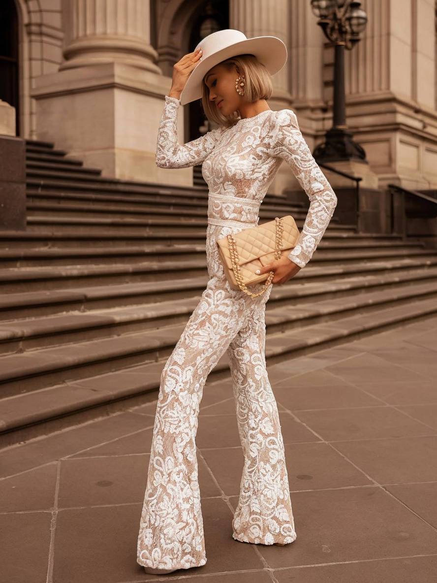 combinaisons flare évasé dentelle col rond ceinture manches longues femme élégant vintage | KONF