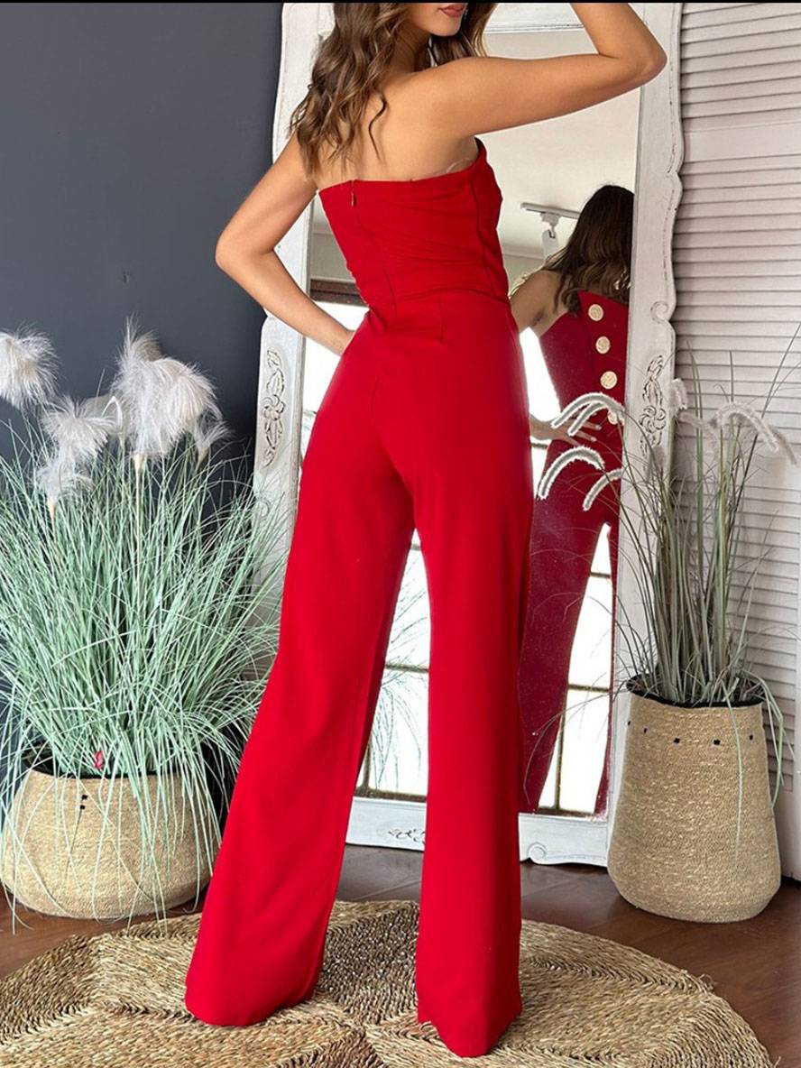 combinaisons flare évasé unicolore bustier boutonnage sans manches femme élégant décontracté | KONF