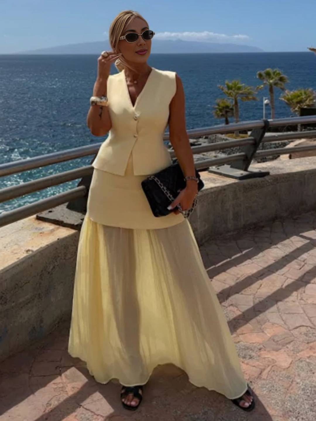 tenu ensembles tailleur v-cou sans manches gilet et jupe tulle fluide décontracté chic pour vacances deux pièces | KONF